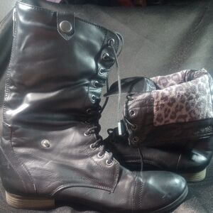 Black Combat Boots Size 10 Leopard Print Fold Over With Back Zipper Wet Seal